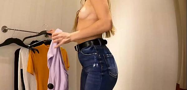  Sexy teen with small tits try-on haul slim blouses, pullovers in dressing